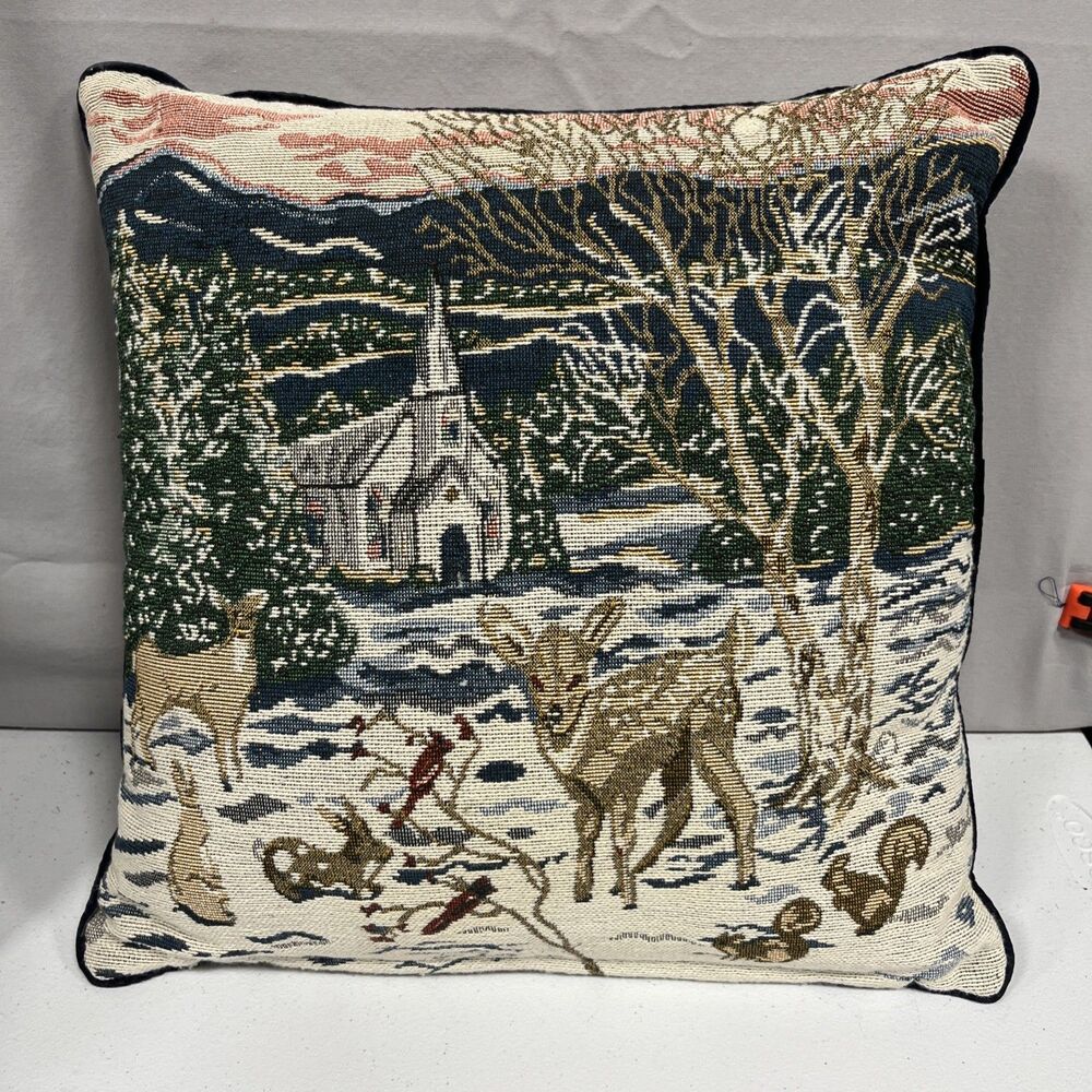 Fabulous tapestry Winter Christmas pillow Church deer rabbits cardinals squirrel